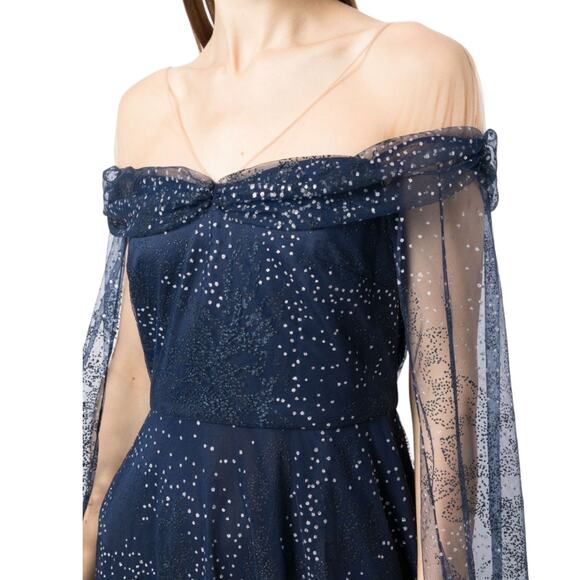 Marchesa Notte Tulle Overlay Cape Embellished Gown Blue Size 0 - Picture 3 of 11